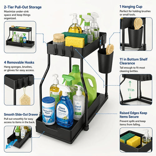 2 Pack Pull Out Under Sink Organizer, 2-Tier Sliding Kitchen Bathroom Cabinet Storage Shelf With Hanging Cups, Pipe Gap Compatible Storage Rack For Cleaning Supplies