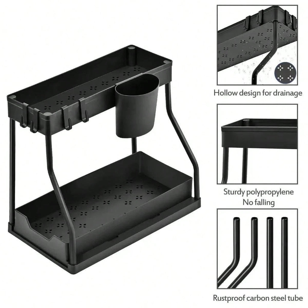 2 Pack Pull Out Under Sink Organizer, 2-Tier Sliding Kitchen Bathroom Cabinet Storage Shelf With Hanging Cups, Pipe Gap Compatible Storage Rack For Cleaning Supplies